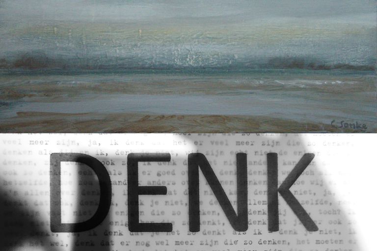 foto: boven Cor Sonke, Bargerveen, acryl op paneel, onder, Peter Veen, Denk, tekst en beeld