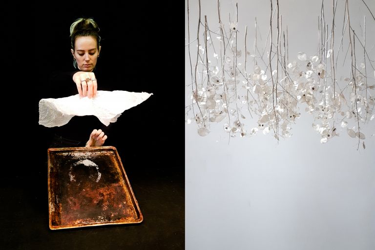 Foto die bestaat uit twee delen, links een foto van Sandra Kip, recht een kunstwerk van Hilja Staal